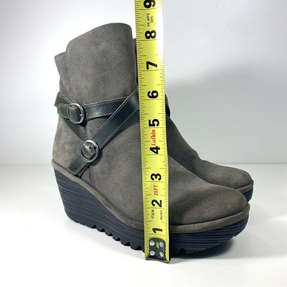 Fly London YEMO274FLY Sludge Gray Olive Suede Leather Wedge Ankle Boots 7.5 38 - Picture 7 of 14